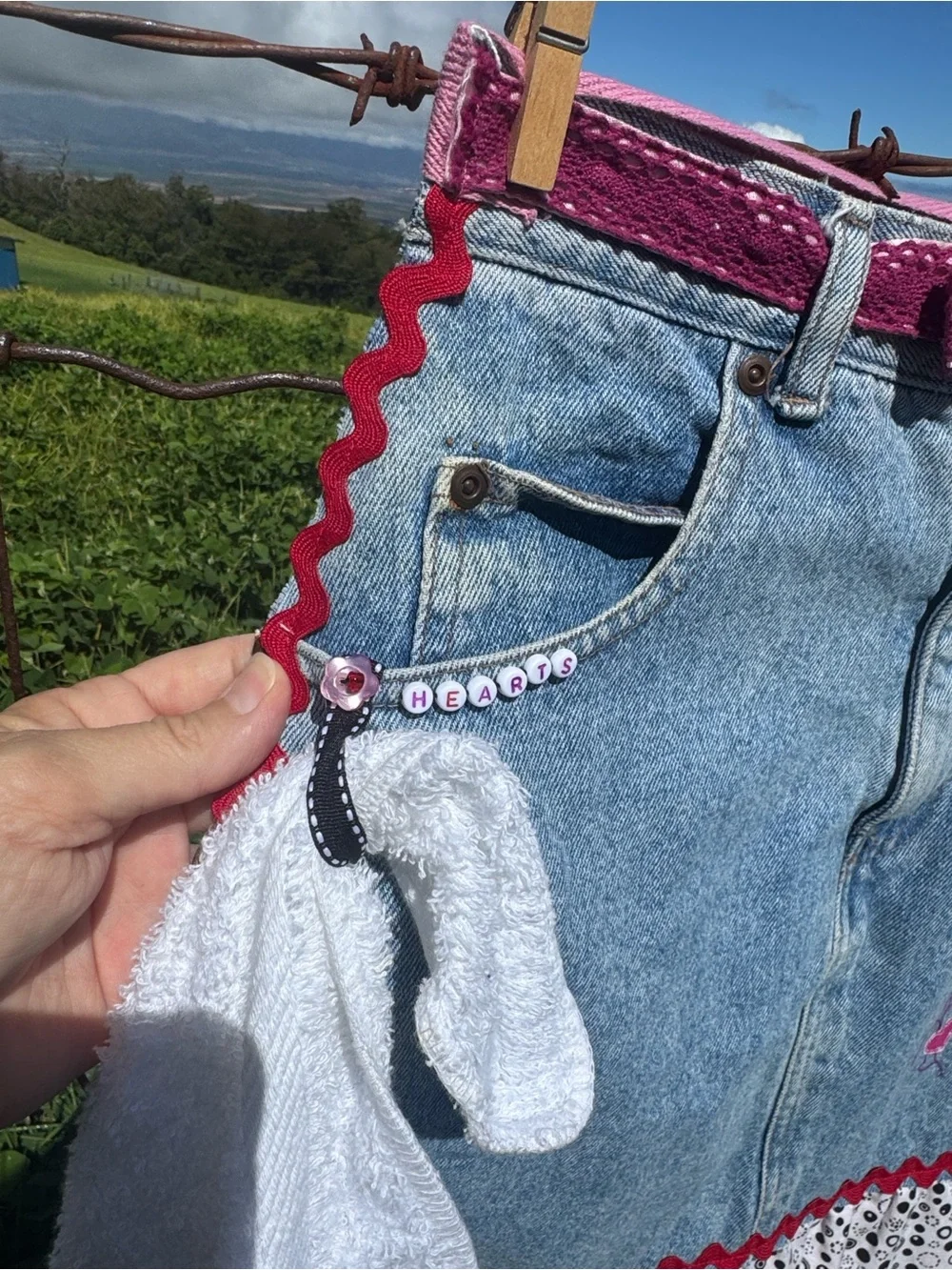 Handmade heart denim jean apron embroidered ruffles cottage farmhouse